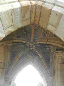 View of stonework on ceiling of west porch of Bishop Auckland Cemetery Chapel July 2016